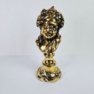 Vtg Shiney Gold Painted Cherub Baby Face Blue Felt Bottom Mini Bust Statue, 10"